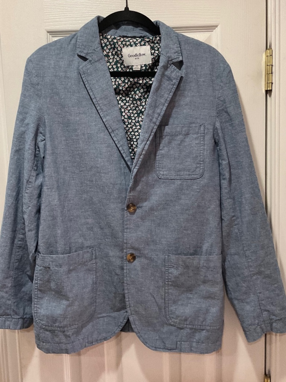 Goodfellow & Co Menโs Small Blue Chambray Cotton Linen Blazer Floral Lined